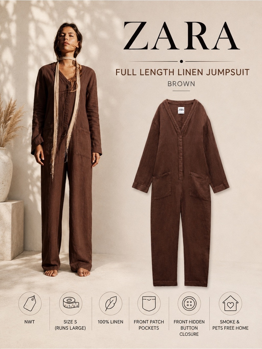 Zara Brown Full Length Linen Jumpsuit Size S NWT V-Neck Long Sleeve Romper